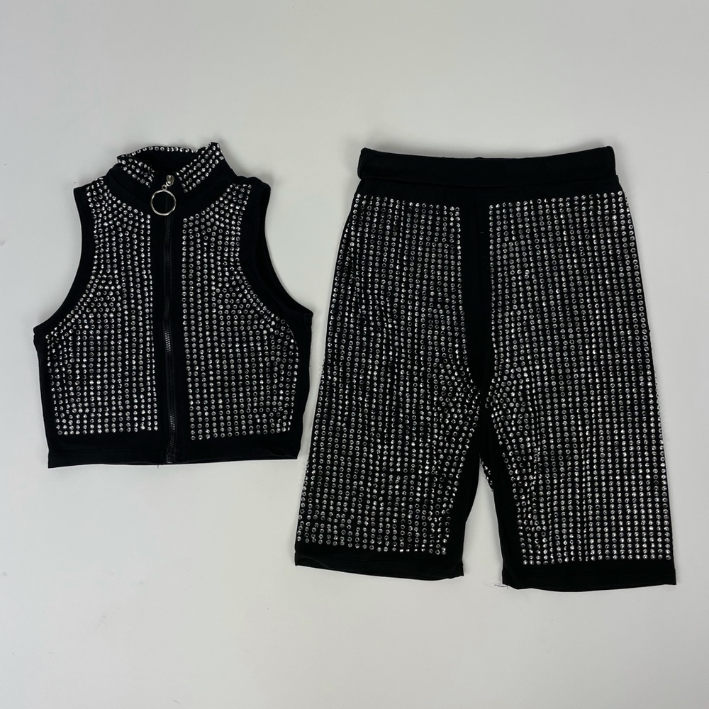 Rhinestone Black Zip Up Tank & Biker Short
